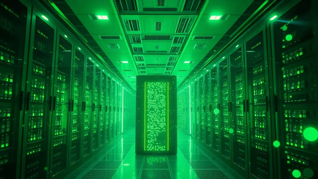 High-tech server room with glowing sage green lights, abstra