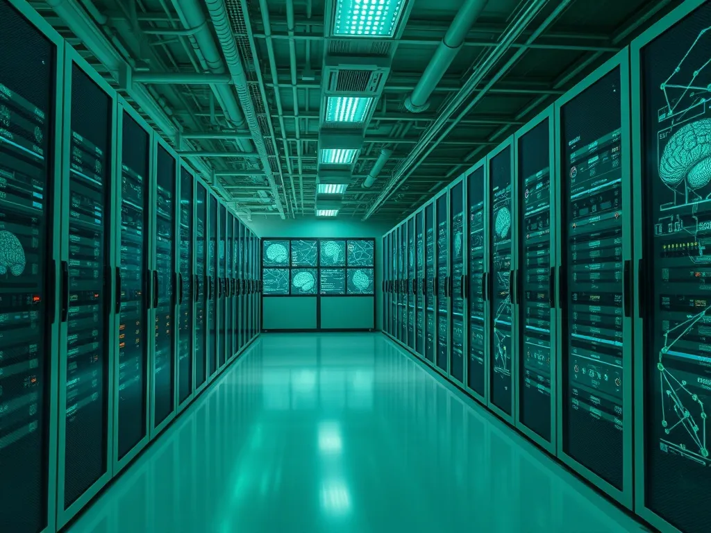 A high-tech laboratory with server racks and neural network