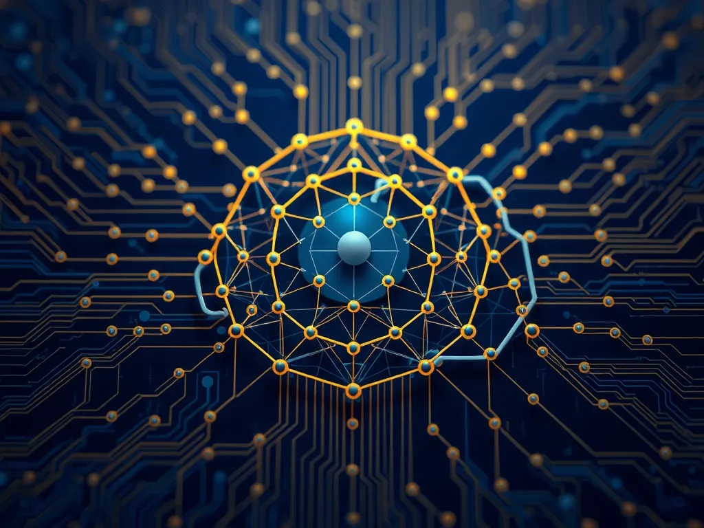 Technical diagram of neural network layers, blue and gold sc