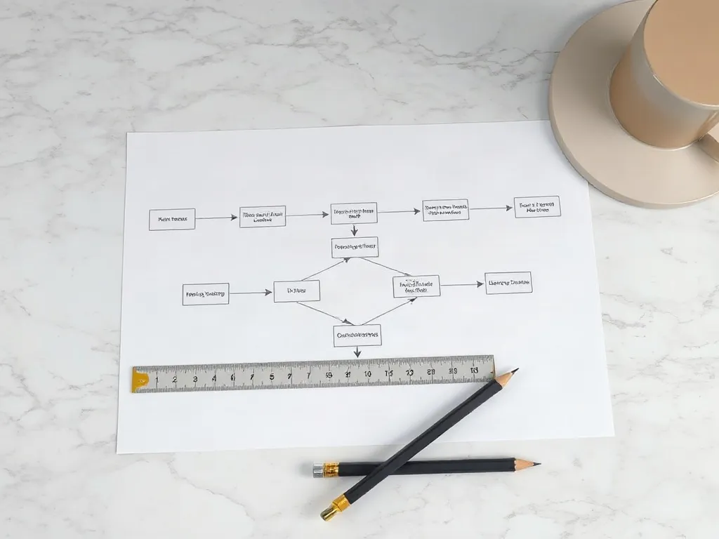 Diagrama impreso de un flujo de trabajo automatizado sobre una mesa de trabajo