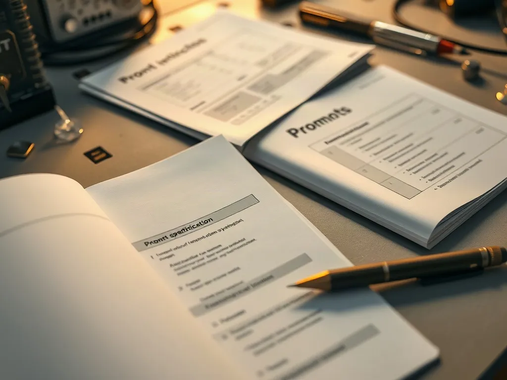 Especificaciones de prompt impresas sobre una mesa de trabajo